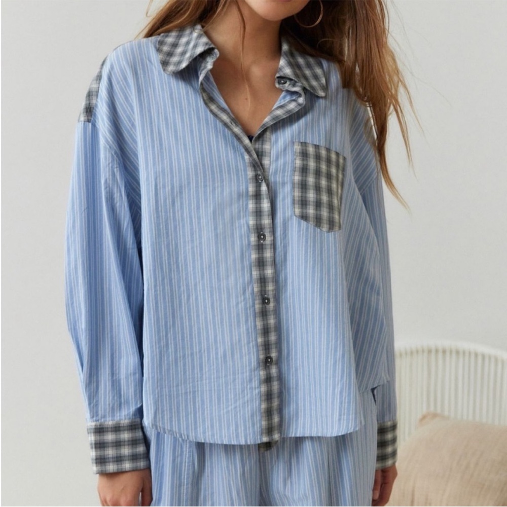 Urban Outfitters Under the moon Blue Striped Button-Up Shirt with Plaid Accents